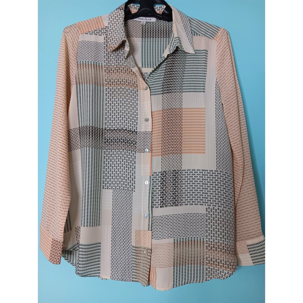 ROSE OLIVE Medium Career Geometric Patchwork Button Blouse Long Sleeve Earthtone